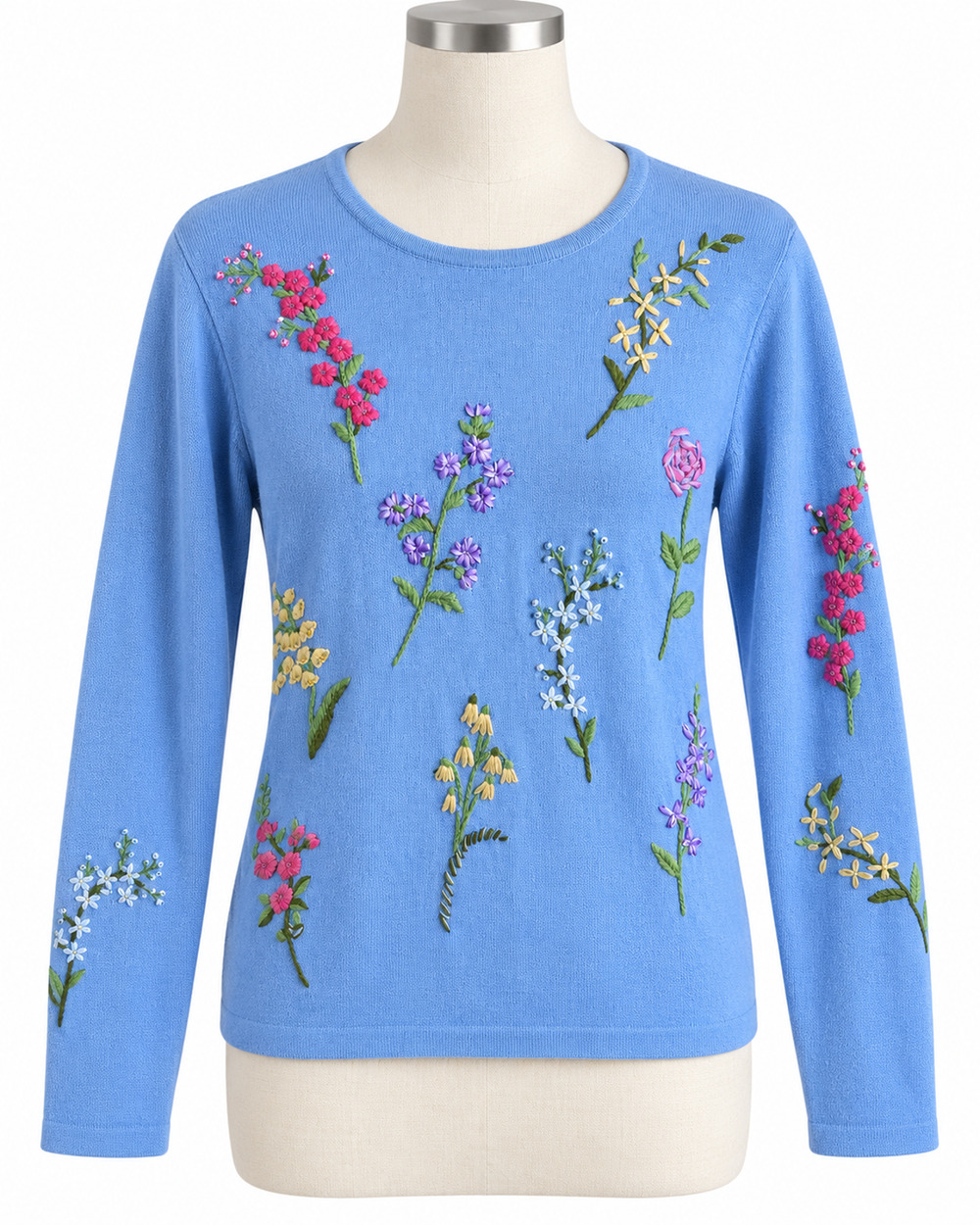 The Quacker Factory Women S Blue Floral Embroidered Long Sleeve Knit Sweater